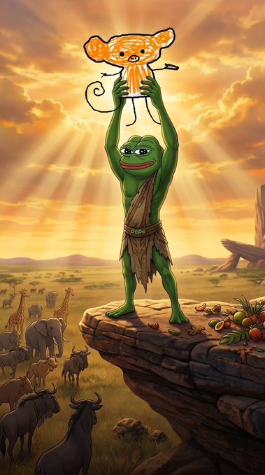 A digital artwork of Pepe the Frog standing on a cliff edge in a savanna, holding up a crudely drawn orange cat figure (drawn 'Pepe' style) toward a radiant sunset sky.