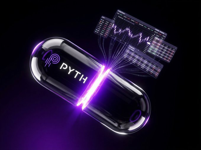 The image features a large glass pill that is illuminated with purple light from below, resembling a medical device such as a thermometer or blood pressure cuff. The word "Pyth" is displayed prominently on this modern piece of equipment. Below the pill, there are two screens showing various charts and numbers related to stock markets and cryptocurrency prices. This image seems to be promoting the idea that these digital displays can give you real-time information about stock market trends or cryptocurrency values, allowing users to make informed decisions based on up-to-date information.