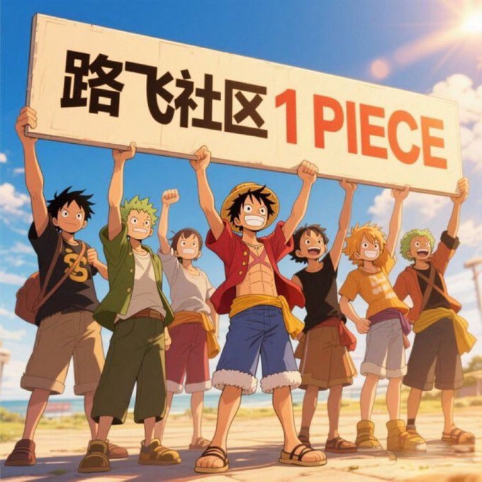 An anime-style illustration of characters resembling the One Piece crew holding a sign that reads "1 PIECE" along with some Chinese characters.