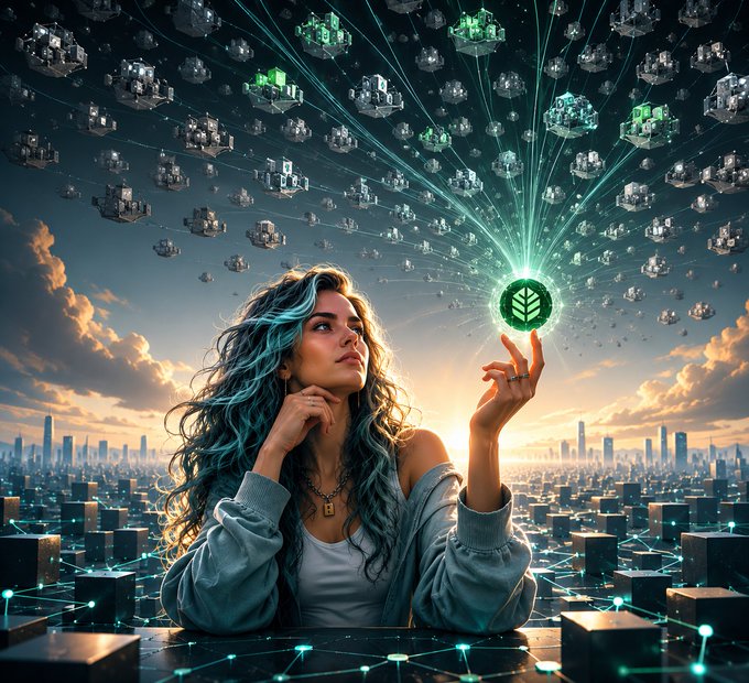A digitally rendered woman with long wavy hair holds up a glowing green token bearing a leaf symbol, surrounded by a futuristic cityscape and a swarm of interconnected, block-like structures in the sky.