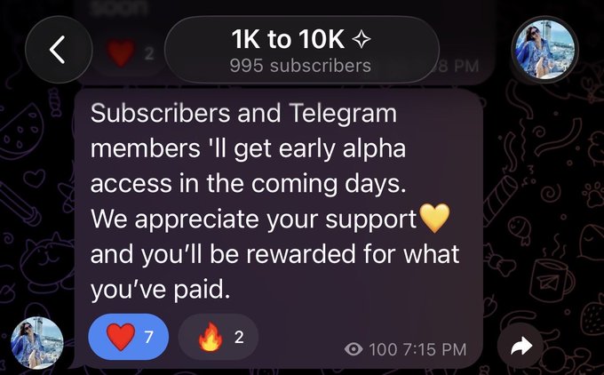 A Telegram message reading "Subscribers and Telegram members 'll get early alpha access in the coming days. We appreciate your support 💛 and you'll be rewarded for what you've paid." is posted in a chat celebrating the "1K to 10K" challenge milestone with 995 subscribers, promising early alpha access to paying subscribers as an incentive for the trading challenge.
