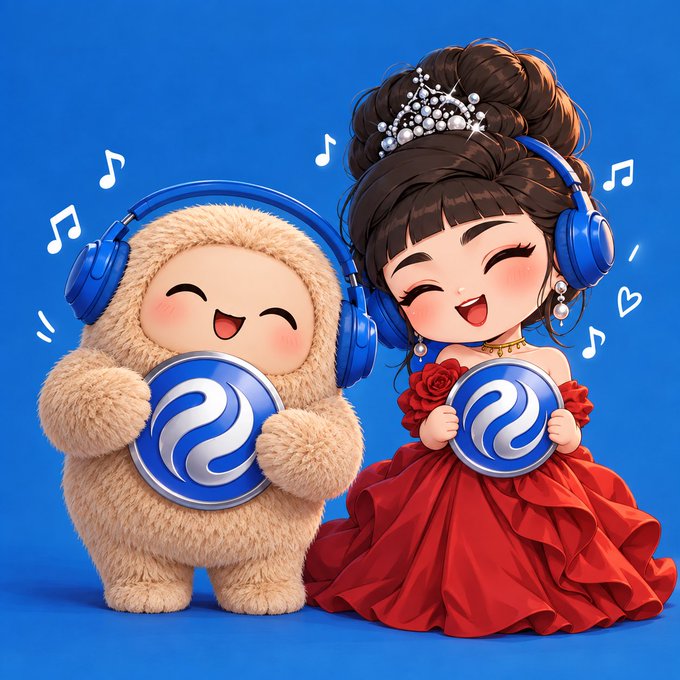 A cartoon illustration of a fluffy creature and a girl in a red dress, both wearing blue headphones and holding blue swirl logos, with music notes floating around.