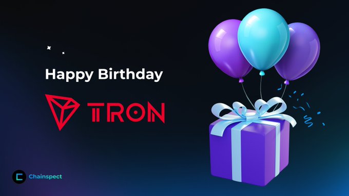 A celebratory graphic featuring purple and teal balloons tied to a gift box alongside the text "Happy Birthday TRON" and the TRON logo, marking the blockchain's 8-year anniversary as highlighted in the Chainspect post about its 14.5 billion+ processed transactions.