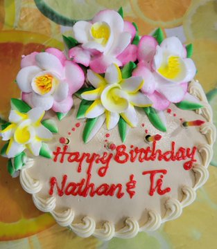 A birthday cake decorated with pink and white frosting flowers reads "Happy Birthday Nathan & TK," celebrating the 19th birthday of the poster's son as mentioned in the caption. The festive dessert complements the family celebration shared in the post.
