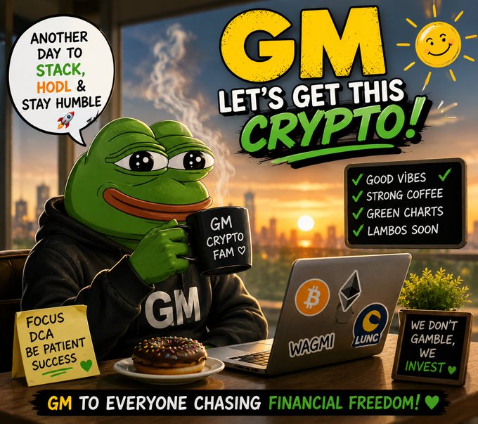 Crypto-themed meme featuring Pepe the Frog with text 'GM LET'S GET THIS CRYPTO!' and motivational phrases about stacking, HODL, and financial freedom.