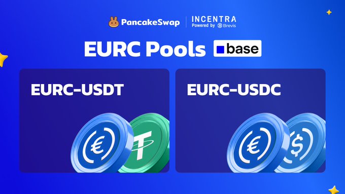 The image features a blue background with white text that reads "EURC Pools" at the top, followed by three different colored coins - green, blue, and yellow - each labeled with their respective values (€1, €2, and €3). The text also mentions an incentive program called "base EURC", which is associated with a cryptocurrency exchange named @breviszk. Incentra. Breviszk has been promoting the EURC pools to attract more users by offering rewards in the form of coins.