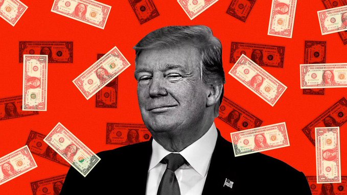 A stylized black-and-white image of Donald Trump winking against a red background filled with floating $100 bills.