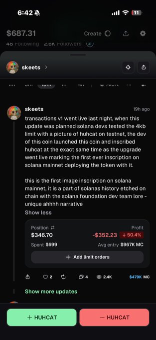 A trading post by user "skeets" displays a 50.4% loss ($-352.23) on a position for $HUHCAT, noting it launched via the first ever inscription on Solana mainnet. The image relates to the algorithm discussion by showing an actual Pumpfun callout post that likely contributed to view count engagement.