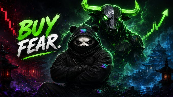 A promotional graphic with the text 'BUY FEAR.' featuring a hooded panda character in front of a glowing green bull, stock chart arrows, and a stylized Asian cityscape.