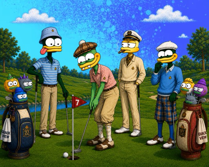 A whimsical digital illustration of several anthropomorphic frog-like characters dressed as golfers on a green golf course, complete with golf bags containing smaller character heads and a red flag marked with a "7".