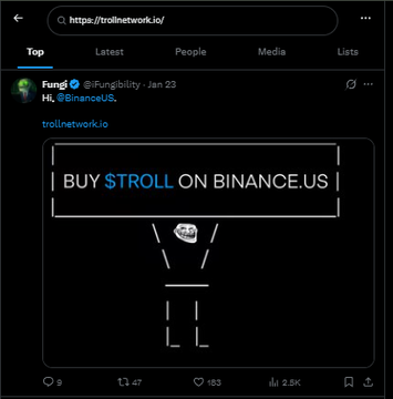 The image shows a Twitter post with an advertisement for a $9.95 buy troll on binance account. The post also features a graphic of a person holding up a $9.95 sign, which could be related to the purchase or promotion. A screenshot of the social media platform "Top", and a user's Twitter handle "@Troll_ (token ATH mcap: $240M)". This post has been recently shared by a person with the handle "@TrollNetworkio", indicating their account may have spread the advertisement to a broader audience.