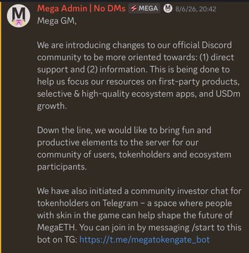 The image shows a screenshot of an email from Mega Administrator MegaGm that is being shared among users. The email states that they are launching changes regarding their official Discord project, including updates for features like the "Discord DMS" function and improvements to user experience. The email also informs users about airdrops related to this project or any other space where people can join them in the future by messaging MegaGm (MegaETH).