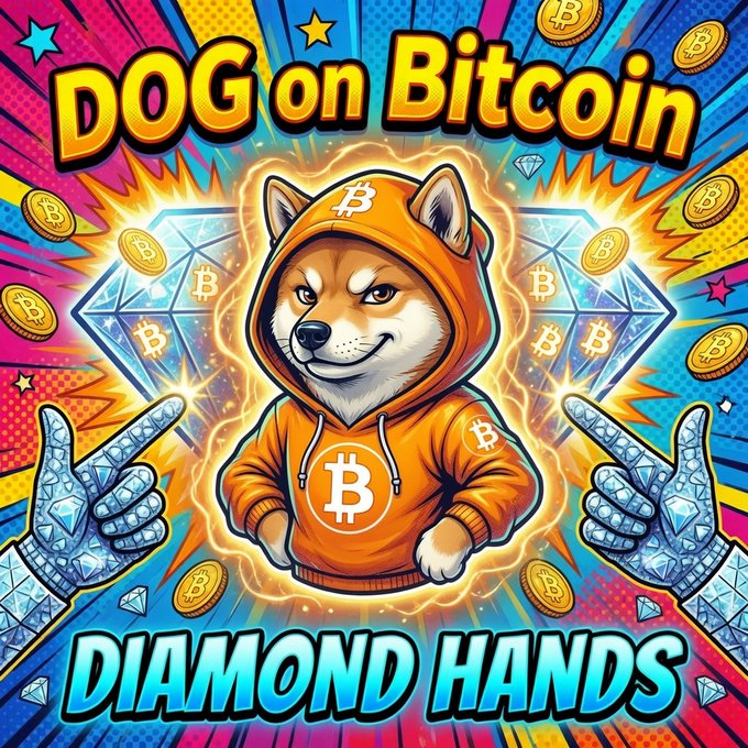A vibrant graphic illustration of a Shiba Inu dog in an orange Bitcoin hoodie, surrounded by diamond hands and gold Bitcoin coins, with the text 'DOG on Bitcoin' and 'DIAMOND HANDS'.
