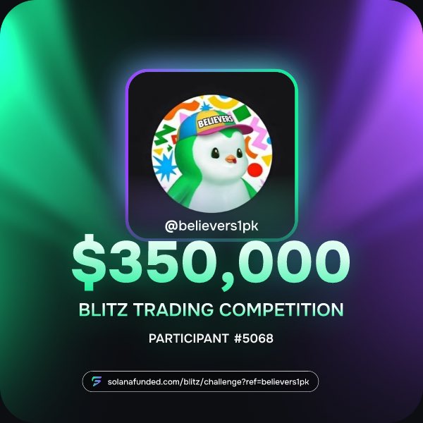 The image features a poster with a green background, featuring a cartoon penguin wearing a hat that has "BelieversPk" written on it. The poster also includes text promoting a trading competition called "Blitz Trading Competition #6068". The text encourages people to participate in this challenge and mentions the hashtag "#BelieversPk".