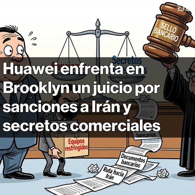 A cartoon illustration depicting a courtroom scene with a judge holding a gavel labeled 'SELLO BANCARIO', alongside text in Spanish: 'Huawei enfrenta en Brooklyn un juicio por sanciones a Irán y secretos comerciales'.