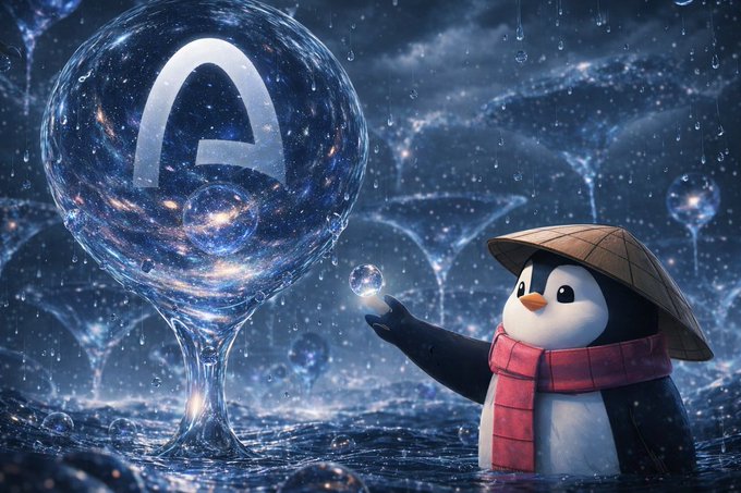 A whimsical digital illustration of a penguin wearing a conical hat and red scarf reaching toward a glowing bubble containing a curved symbol, set in a watery, cosmic background.