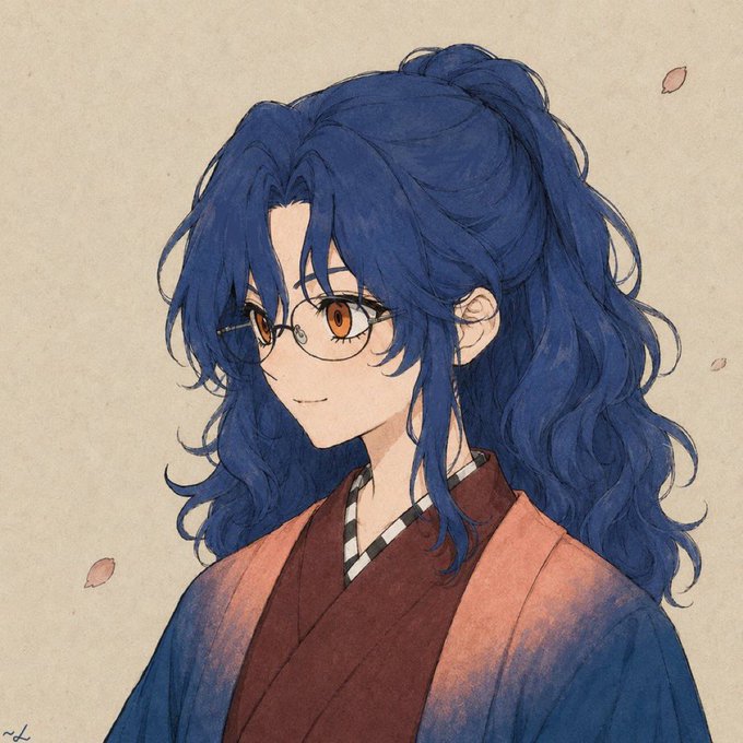 An anime-style illustration of a woman with voluminous blue hair tied in a half-up style, wearing round wire glasses and traditional Japanese attire with a checkered inner collar.