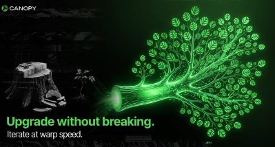 A dark advertisement for "CANOPY" featuring an AT-AT walker and a glowing green tree design with the text "Upgrade without breaking. Iterate at warp speed."