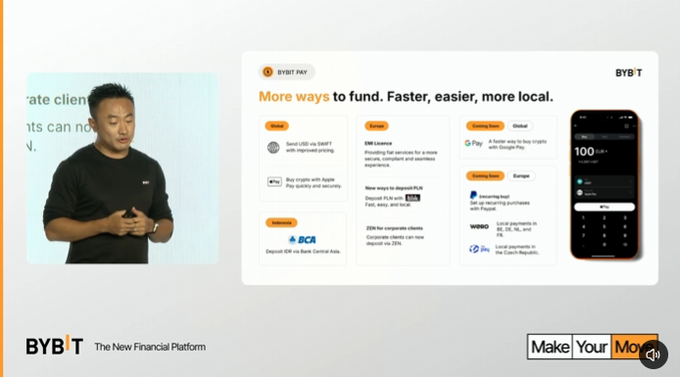 Bybit founder Ben Zhou presents the "More ways to fund, Faster, easier, more local" slide showcasing BYBIT PAY features, including Global Crypto, IDR Deposit, Apple Pay, BCA deposits, and Bybit Pay crypto purchases with Google Pay and PayPal, aligning with the announcement of tokenized mStocks in collaboration with Mantle.