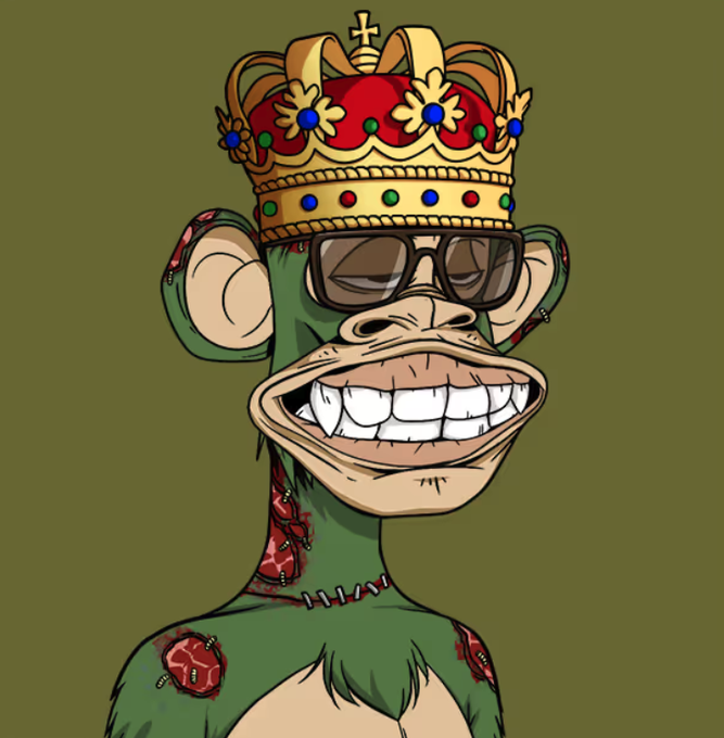 A digital illustration of a Bored Ape-style cartoon monkey wearing a red and gold crown and dark sunglasses, set against an olive green background.