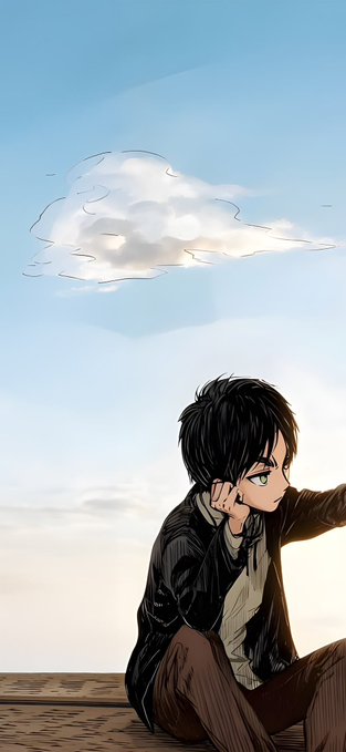 A digital anime-style illustration of a black-haired boy in dark clothing sitting on a rooftop under a blue sky with a small cloud.