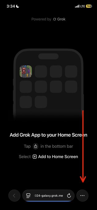An iPhone screenshot titled 'Add Grok App to your Home Screen' instructs the user to tap the share icon and select 'Add to Home Screen,' with a red arrow pointing downward toward the browser menu.