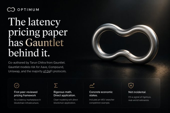The image features a silver ring with two concentric circles, which are connected by a chain. The text above the image reads "The latency pricing paper @get_optimum published on arXiv has a co-author most people haven't noticed: Tarun Chitra from Gauntlet runs economic modeling for Aave, Compound, Uniswap, and most of the major DeFi protocols".