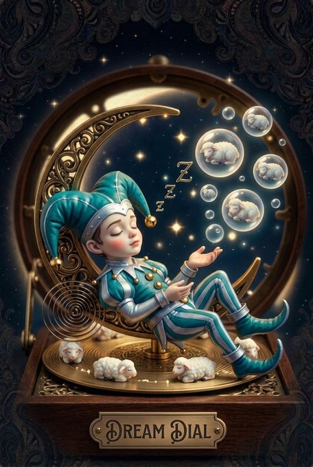 "Dream Dial", a meme featuring an illustration of a boy wearing a clown costume with blue, green, and gold colors, sleeping next to clocks and bubbles as part of a whimsical scene set against a dark backdrop with a crescent moon shape, stars, and the words "dream dial" written below it. The post appears to be from Wall Chain, which is encouraging people to focus on their thoughts and imagination for a better future.