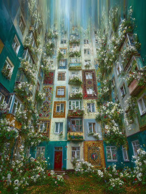A whimsical digital artwork of a courtyard surrounded by tall apartment buildings covered in flowering vines and decorated with ornate tapestries, with light streaming down from above.
