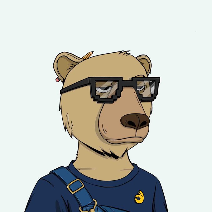 A cartoon illustration of a bear wearing pixelated sunglasses, a pencil behind its ear, and a blue shirt with a strap across its chest.