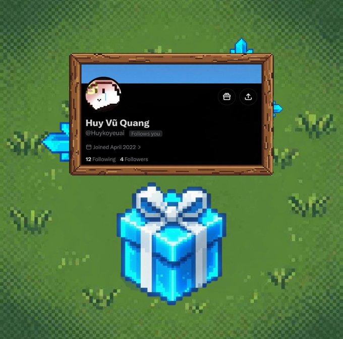 A pixel-art style image showing a profile card for "Huy Vũ Quang (@Huykoyeuai)" with "12 Following 4 Followers," joined April 2022, displayed above a blue gift box on a green grass background.