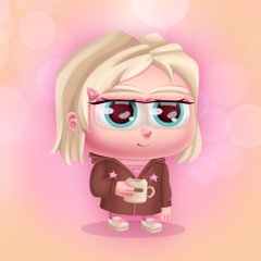 A chibi-style animated character with blonde hair and big blue eyes holds a pink mug against a soft pink bokeh background. The cute, casual aesthetic pairs well with the post announcing the upcoming deployment of an NFT collection on the Robinhood Chain.