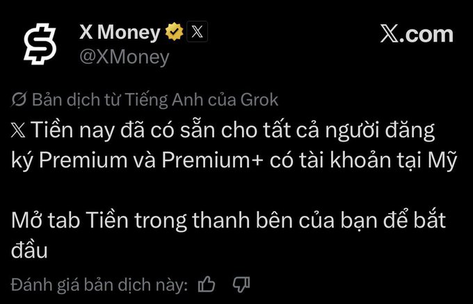 A screenshot of a post from the X.com account "X Money" (@XMoney) translated by Grok to Vietnamese, announcing that X Money is now available for all Premium and Premium+ subscribers in the US.