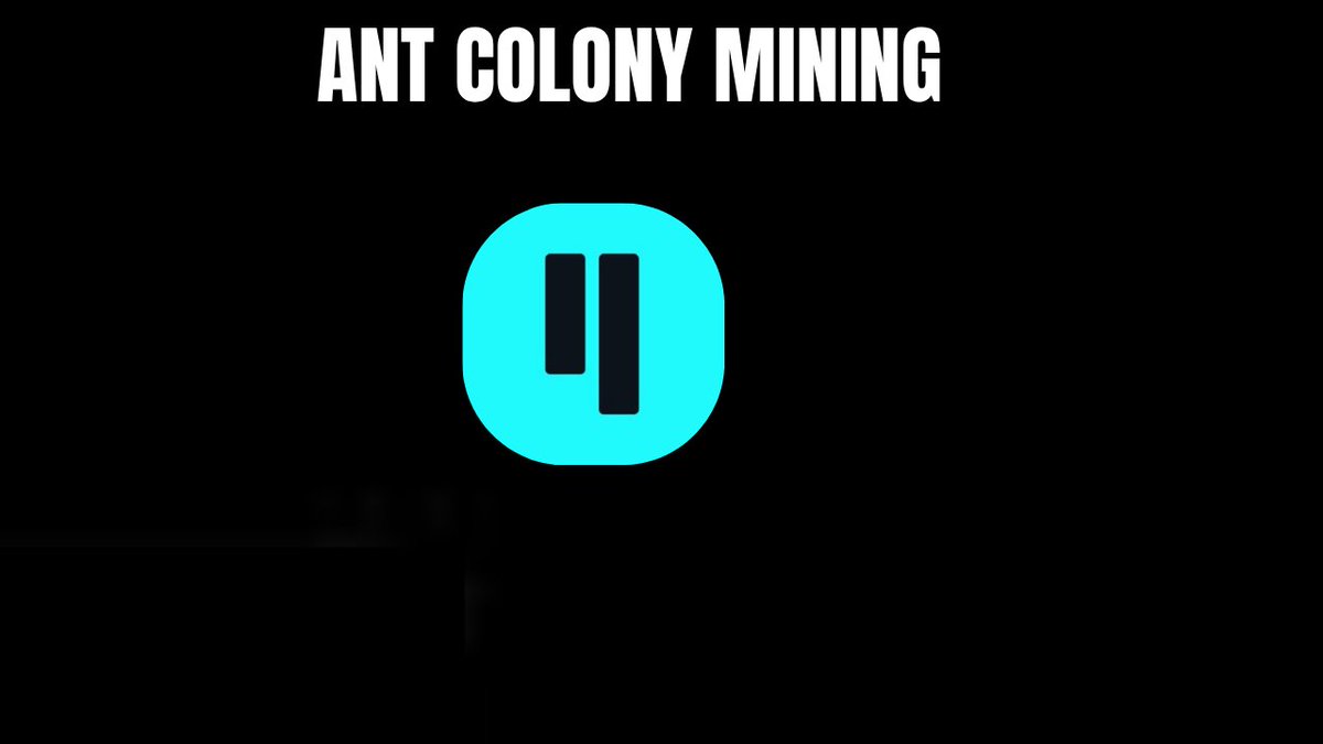 A black graphic with bold white text reading 'ANT COLONY MINING' above a cyan rounded square icon featuring two black vertical bars.
