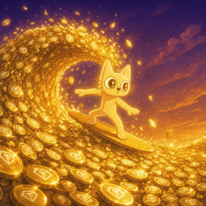 An illustration of a cartoon cat surfing on a golden wave of cryptocurrency coins against a sunset sky.