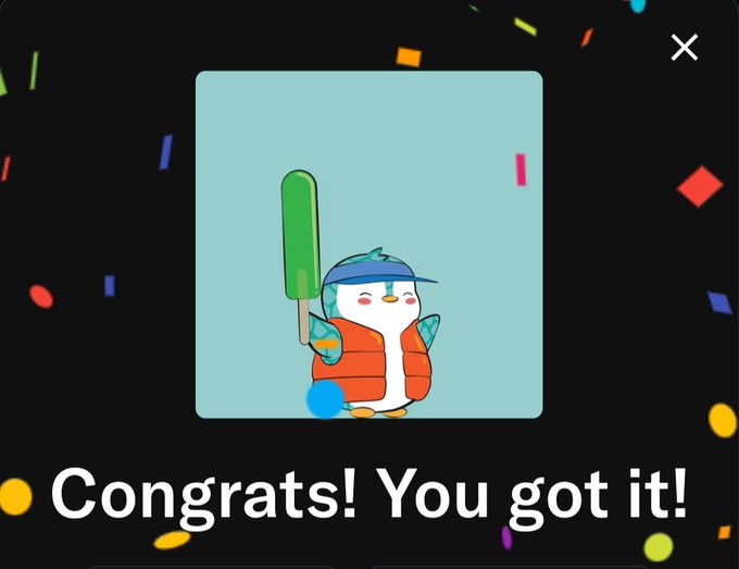The image features a cartoon penguin holding a baseball bat, surrounded by confetti. The text "Congratulations! You got it!" is written above the penguin's head, indicating that the user has successfully completed an achievement or task related to the game.