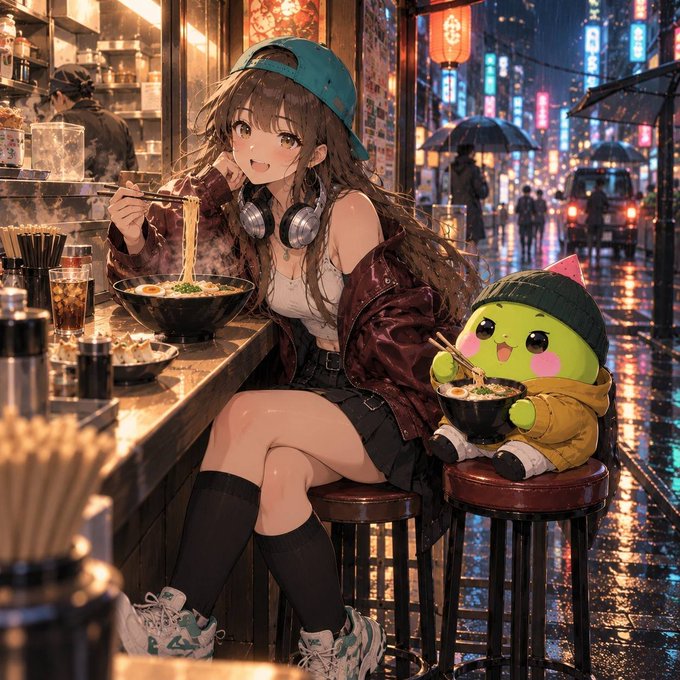 An anime-style illustration of a girl with a backwards cap and headphones eating ramen at a counter in a neon-lit rainy city, alongside a green plush-like character in a yellow jacket also eating ramen.
