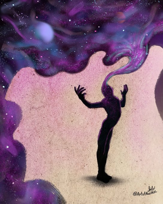 Surreal digital art showing a silhouetted figure with raised arms whose head dissolves into a cosmic purple and black smoke/spiral filled with stars, signed @ArtofHashmi.