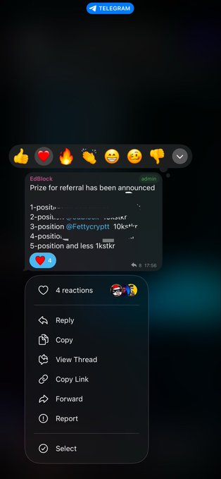 The image shows a Telegram message from "EddBlock" announcing a referral contest with prize positions including 1k-10k sats for the top position and under 1k sats for fifth place, referencing @Fettycrypt and hashtag #wts. A reaction menu is open showing 4 reactions and 1 reply, with options like Copy, View Thread, and Forward. The image supports the post's claim of winning a contest, displaying the contest announcement that likely led to the small reward.