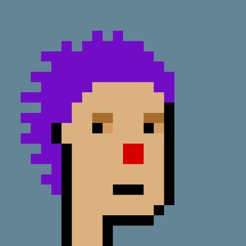 A simple pixel art portrait of a face with purple spiky hair, brown eyes, a red square nose, and a small mouth on a teal background.