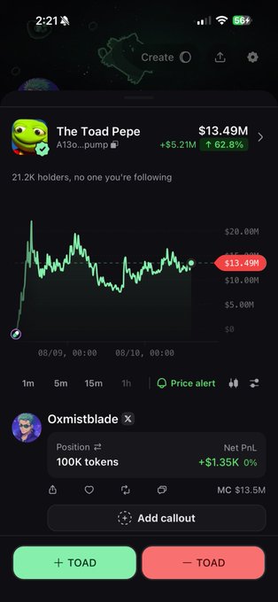 A dark-themed mobile screenshot displays the "The Toad Pepe" ($TOADpump) token page on Pump.fun, showing a market cap of $13.49M with a +62.8% gain (21.2K holders) and a chart spanning 08/09–08/10. Below the chart, a prominent "OXMISTBLADE" account (associated with Mark Cuban) is shown holding a 100K position (+$1.35K PnL), while large green and red "+ TOAD" / "− TOAD" trading buttons appear at the bottom — the image serves to promote a giveaway of $TOAD tokens tied to the post's contest.