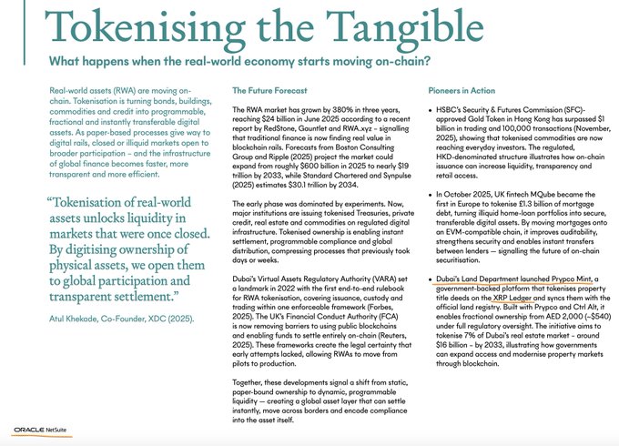 In the image, there are three pieces of text written in white. The main content of these texts appears to be related to cryptocurrency, specifically XRP or Ripple, and its future value in relation to Oracle NetSuite. There's a quote from Oracle Chief Executive Officer Oracle Corporation that mentions XRP and how it affects Oracle products. Additionally, there are several bullet points containing information about the real-world use of liquid assets for real estate transactions. The text also includes a logo and some extra lines of writing. These details provide context to the content on display in the image.