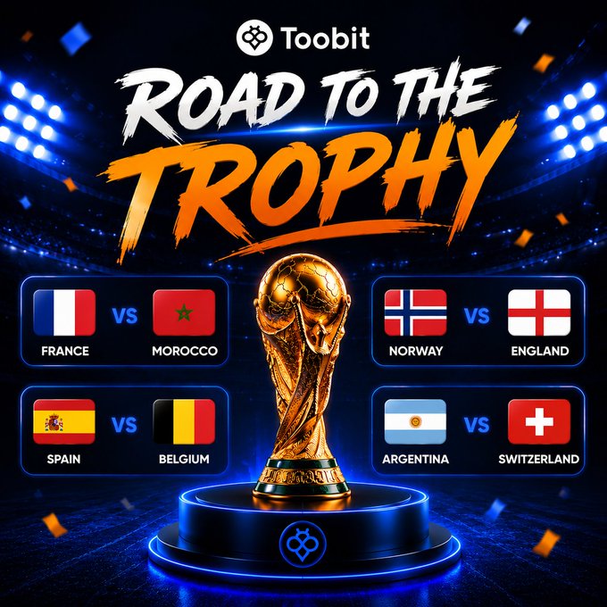 The image is a promotional graphic for Toobit's "Road to the Trophy" contest, featuring a golden FIFA World Cup trophy in the center against a stadium backdrop, surrounded by the four quarter-final matchups: France vs. Morocco, Norway vs. England, Spain vs. Belgium, and Argentina vs. Switzerland. The post celebrates two participants—@LogansArts and @greatness_vv—for correctly predicting all four semi-finalists, with each receiving 10 USDT BV as a prize.