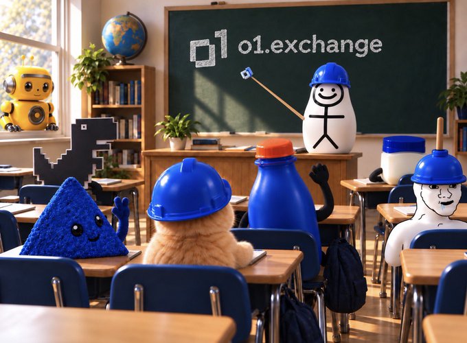 A classroom scene features the o1 mascot—a smiling white figure wearing a blue cap—standing at the chalkboard and pointing to "o1.exchange" while addressing a class of plush and toy students, fittingly illustrating the o1 Doll teaching the o1.exchange thesis docs.