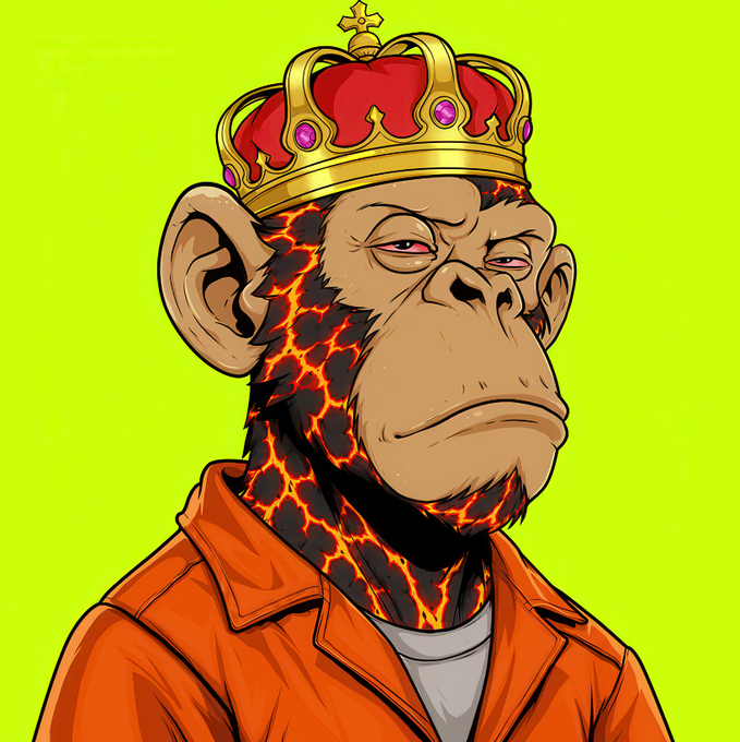 A digital illustration features a regal ape character wearing a golden crown adorned with a cross and jewels, dressed in an orange suit jacket over a white shirt. The ape's neck and face display striking lava-like cracks of molten orange against dark skin, and the post identifies it as #0517 from the Suited Ape Society NFT collection, with a prompt to view the clean art on OpenSea.