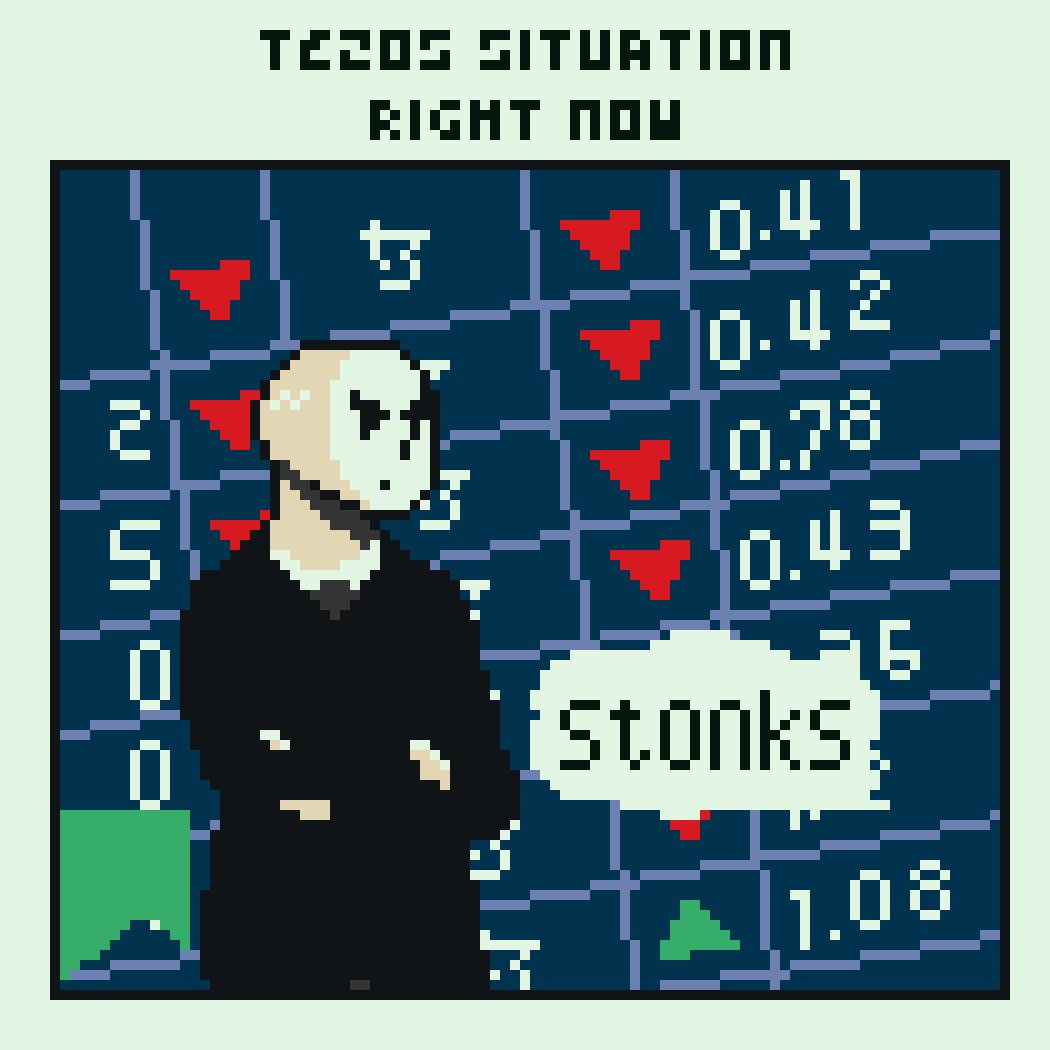 The focus of this image is a person, possibly an obscure figure with a facial mask, standing next to a large computer screen or graph filled with numbers that say "TEzos Situation Right Now". The person appears to be either talking about the stock market or discussing the TEzos cryptocurrency price chart on the screen. There are no other objects or texts present in this image, and the overall appearance suggests it is a serious or technical topic related to finance or investments.