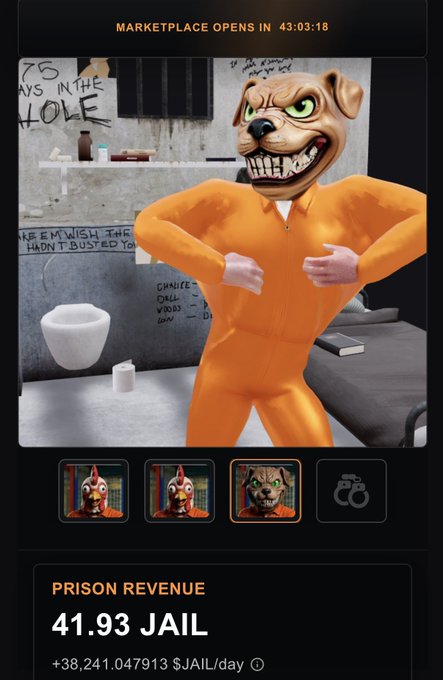 The image shows a man dressed as a dog, wearing an orange jumpsuit with a mask that resembles a dog's face. The man appears to be standing in front of a toilet or a sink, possibly in a jail cell. There are three other images displayed on the screen, one of which is a picture of the man and another image of a dog. The caption below the image reads "Jailed( @Jaileddotfun ) has started!! ◾︎Purchase a prison that can hold up to 4 prisoners and 2 Common chickens for 1 SOL. ◾︎The amount of $JAIL you can earn per day varies depending on the prisoners' JAIL power".