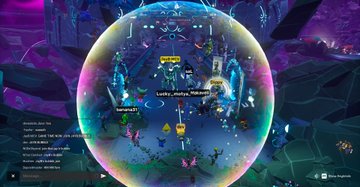 Screenshot of a sci-fi/space-themed game showing a spherical holographic map interface with location labels like 'Underground Caverns,' 'Hidden Village,' and 'Spiderboss,' surrounded by dark crystalline structures.