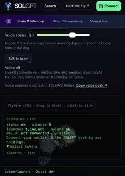 A screenshot of the SOLGPT interface showing tabs for "Brain & Memory," "Brain Observatory," and "Neural lab," with settings for "Voice Focus" and a chat window displaying messages like "status ok - client b", "launched - 3146,665 - galaxy ok", and "token-launch · octpi dev".