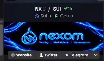 A screenshot shows a cryptocurrency page for 'nexom' on the NX / SUI network via Cetus, describing it as a 'Vesting | Marketplace | Names.nexom' platform with links to Website, Twitter, and Telegram.